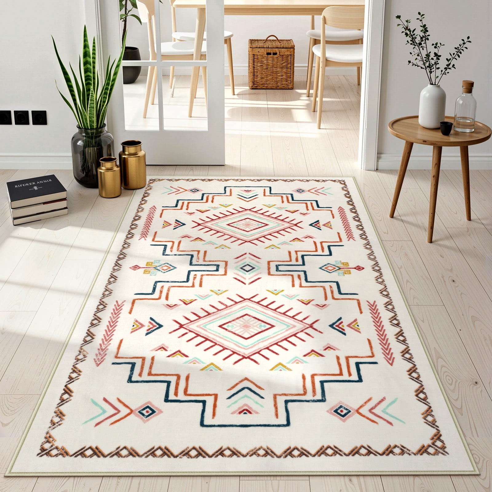 Lahome Washable 3'x5' Area Rug, Colourful Tribal Aztec Rugs for Living Room, Non-Slip Small Entryway Carpet for Bedroom Girls Kitchen Indoor, Low-Pile Boho Western Decor, Colourful