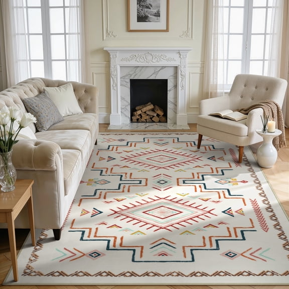 Lahome Colorful Western Aztec Tribal Moroccan Area Rug - Soft Non-Slip, Washable 8x10 Living Room Carpet, Perfect for Home Decor
