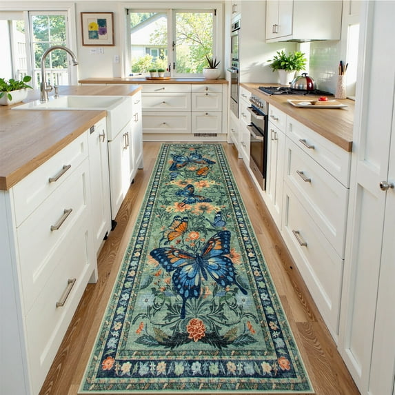 Lahome Decor 2.5'x10' Butterfly Runner Rug for Hallways,2.5x10ft Kitchen Rugs, Non-Slip Washable Rugs Stain Resistant Boho Floral Low-Pile Runner Rug Rubber Backing for Bathroom Bedroom,Green