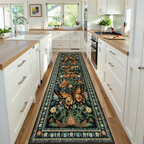 Lahome Decor 2.5'x10' Butterfly Runner Rug for Hallways,2.5x10ft Kitchen Rugs, Non-Slip Washable Rugs Stain Resistant Boho Floral Low-Pile Runner Rug Rubber Backing for Bathroom Bedroom,Black