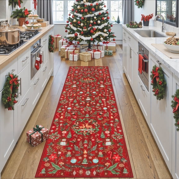 Lahome Decor 2'6"x8' Christmas Hallway Runner Rug,2.6x8ft Boho Botanical Kitchen Rugs Non Skid Washable,Holiday Decor Soft Non-Slip Indoor Rug Runners for Entryway Bedroom Laundry ,Red