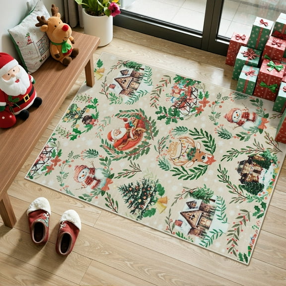 Lahome Decor 2'x 3' Small Christmas Area Rug,2x3ft Entryway Rug For Indoor Entrance,Elk, Christmas Tree, Sleigh, House Pattern Non Slip Washable Throw Rugs, Beige