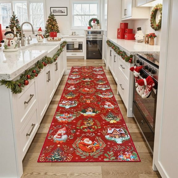 Lahome Decor 2' x 8' Christmas Hallway Runner Rug, 2x8 ft Kitchen Rug, Elk, Snowflakes, Christmas Tree, Sleigh, House Pattern Non-Slip Washable Indoor Area Rug ,Red