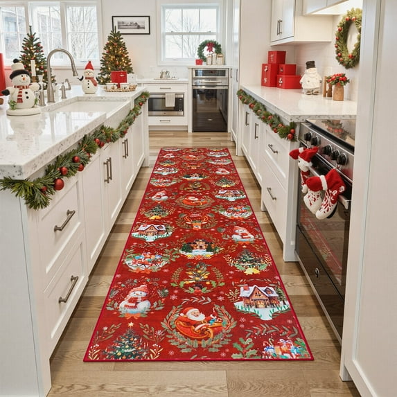 Lahome Decor 2' x 8' Christmas Hallway Runner Rug, 2x8 ft Kitchen Rug, Elk, Snowflakes, Christmas Tree, Sleigh, House Pattern Non-Slip Washable Indoor Area Rug ,Red