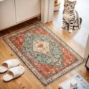 Lahome Decor 2'x3' Boho Vintage Area Rug,2x3ft Washable Living Room Rugs,Small Entryway Rug,Traditional Non-slip Carpet,Low Pile Foldable Ultra-Thin Vintage Rug for Indoor Front Entrance Kitchen,Red