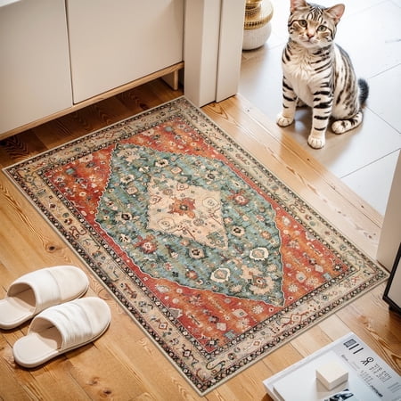 Lahome Decor 2'x3' Boho Vintage Area Rug,2x3ft Washable Living Room Rugs,Small Entryway Rug,Traditional Non-slip Carpet,Low Pile Foldable Ultra-Thin Vintage Rug for Indoor Front Entrance Kitchen,Red price history and forecast - Lahome Decor washable rugs SS-1225