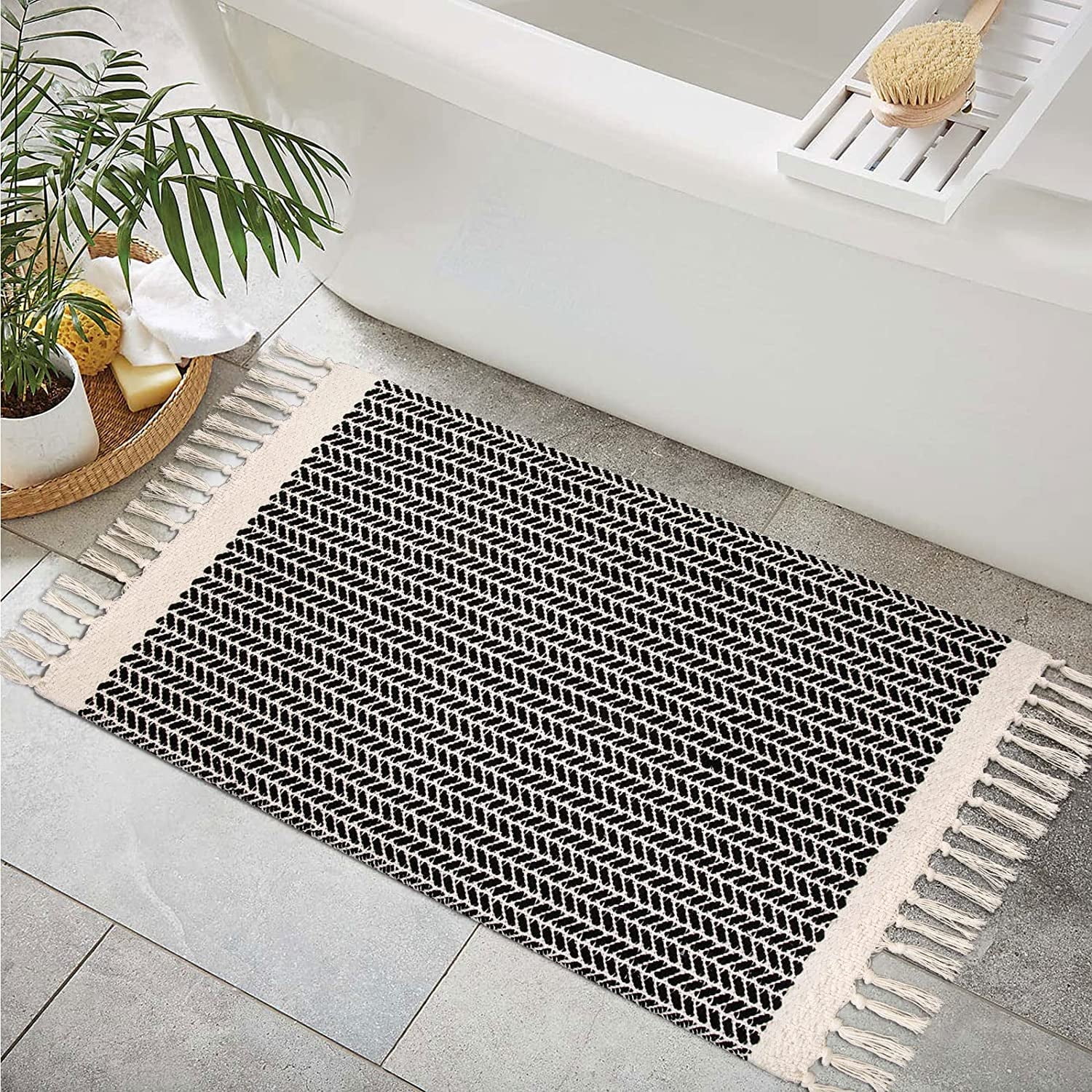 Moynesa 2 x3 Boho Bathroom Rugs Washable Rugs Small Front Door Mat Lightweight Kitchen Rug Woven Cotton Area Rug with Tassels Farmhouse Throw Rug Low Pile Carpet for Entry Laundry Room Black