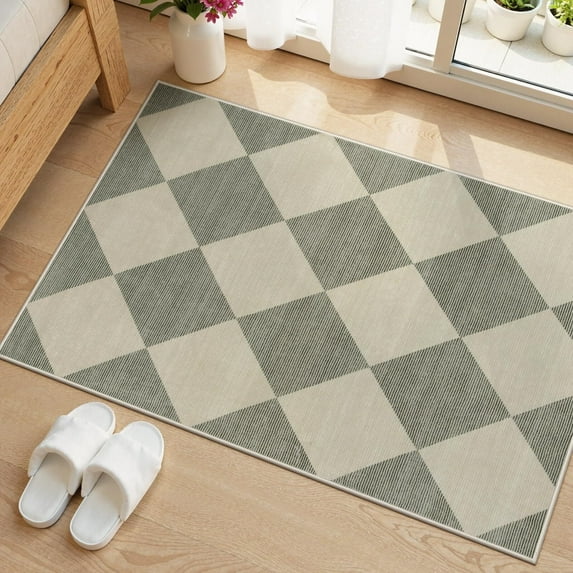 Lahome Decor 2'x3' Modern Washable Rugs for Bedroom, 2x3ft Non-Slip Door Mat Indoor Entrance, Farmhouse Checkered Rug,Soft Low Pile Carpet Throw Rugs for Entryway Laundry Bedroom,Green