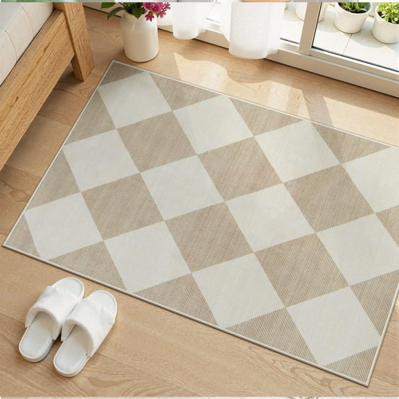 Lahome Decor 2'x3' Modern Washable Rugs for Bedroom, 2x3ft Non-Slip Door Mat Indoor Entrance, Farmhouse Checkered Rug,Soft Low Pile Carpet Throw Rugs for Entryway Laundry Bedroom,Beige