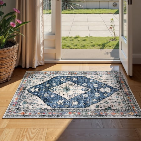 Lahome Decor 2'x3' Small Area Rug for Living Room,Machine Washable Non Slip Inside Floor Mat,Vintage Rug,Low Pile Lightweight Vintage Rug for Bedroom Dining Room Office Farmhouse,Blue