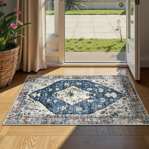 Lahome Decor 2'x3' Small Area Rug for Living Room,Machine Washable Non Slip Inside Floor Mat,Vintage Rug,Low Pile Lightweight Vintage Rug for Bedroom Dining Room Office Farmhouse,Blue