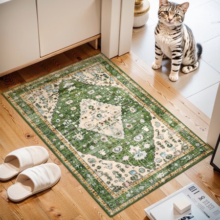 Lahome Decor 2'x3' Small Area Rug for Living Room,Machine Washable Non Slip Inside Floor Mat,Vintage Rug,Low Pile Lightweight Vintage Rug for Bedroom Dining Room Office Farmhouse,Green