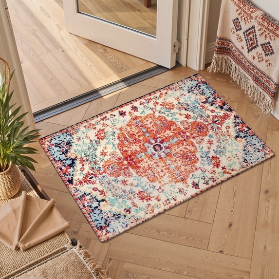 Lahome Decor 2'x3' Vintage Oriental Medallion Pattern Area Rug,Ultra-Thin Washable Vintage Area Rug,Non-Slip Rugs for Bathroom,Entryway,Oriental Medallion Bedroom Mat,Orange