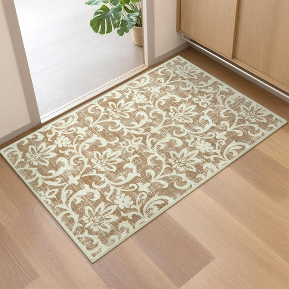 Lahome Decor 2'x3' Washable Rug for Bedroom, Vintage Area Rug for Dorm Room, Indoor Soft Distressed Floral Throw Rugs Non-Slip Backing for Entryway Farmhouse Kitchen Kids Playroom,Khaki