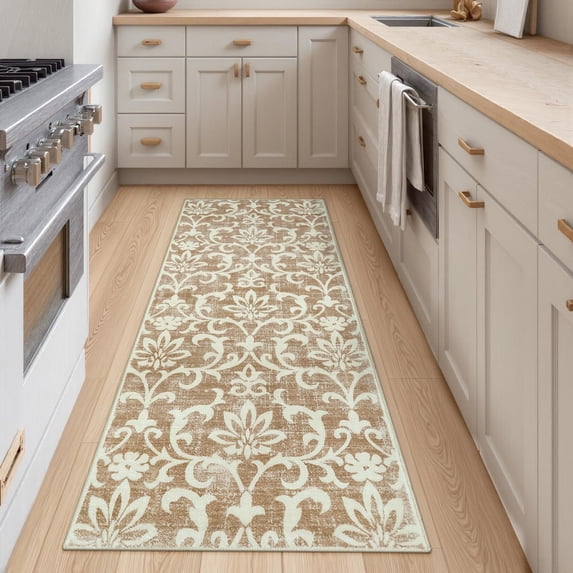 Lahome Decor 2'x5' Vintage Kitchen Rug, Washable Hallway Runner Rug, Indoor Soft Distressed Floral Runner Rug Non-Slip Backing for Entryway Farmhouse Bedroom Kids Playroom,Khaki