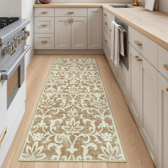 Lahome Decor 2'x5' Vintage Kitchen Rug, Washable Hallway Runner Rug, Indoor Soft Distressed Floral Runner Rug Non-Slip Backing for Entryway Farmhouse Bedroom Kids Playroom,Khaki