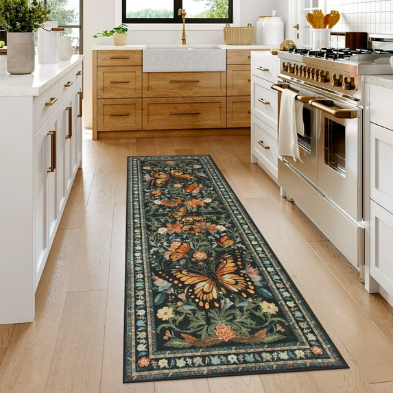 Lahome Decor 2'x6' Butterfly Kitchen Rug,2x6ft Runner Rugs for Hallways, Non-Slip Washable Rugs Stain Resistant Boho Floral Runner Low-Pile Runner Rug Rubber Backing for Bathroom Bedroom,Black