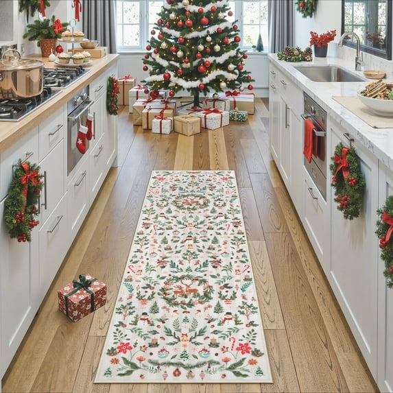 Lahome Decor 2'x6' Christmas Botanical Kitchen Rugs,2x6ft Christmas Runner Rug For Hallway Non Slip Washable,Holiday Decor Floral Indoor Runners for Entryway Bedroom Laundry,Beige