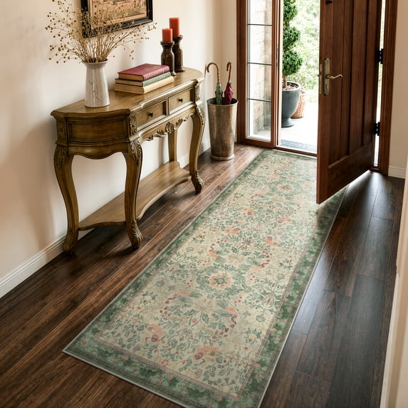 Lahome Decor 2'x6' Floral Kitchen Runner,2x6ft Runner Rug for Hallway,Non Slip Machine Washable Rugs ,Vintage Rug Low Pile Boho Bird Rug for Bedroom Bathroom Beside Bed Entryway,Light Green