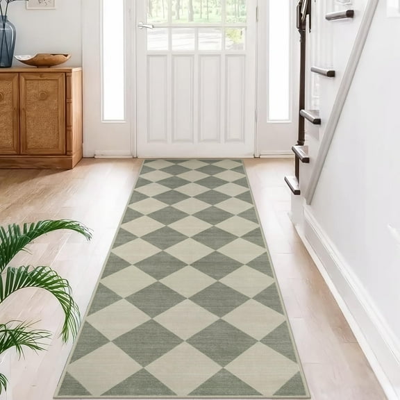 Lahome Decor 2'x6' Modern Checkered Kitchen Rugs, 2x6ft Non-Slip Washable Rugs, Farmhouse Hallway Rug for Entryway, Moroccan Neutral Soft Low Pile Carpet for Hallway Entry Front Door,Green