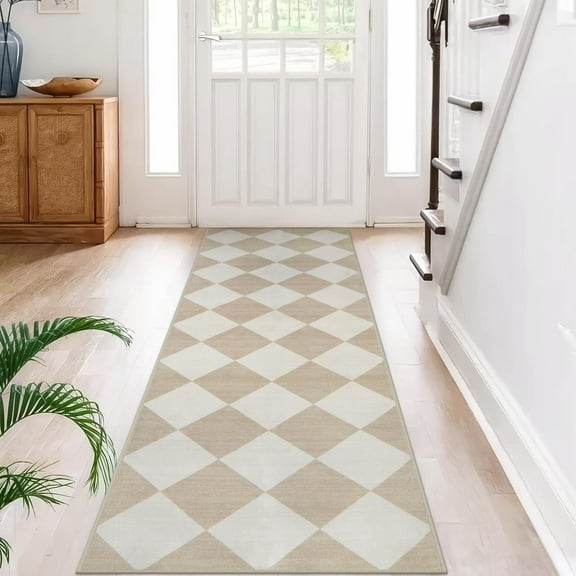 Lahome Decor 2'x6' Modern Checkered Kitchen Rugs, 2x6ft Non-Slip Washable Rugs, Farmhouse Hallway Rug for Entryway, Moroccan Neutral Soft Low Pile Carpet for Hallway Entry Front Door,Beige
