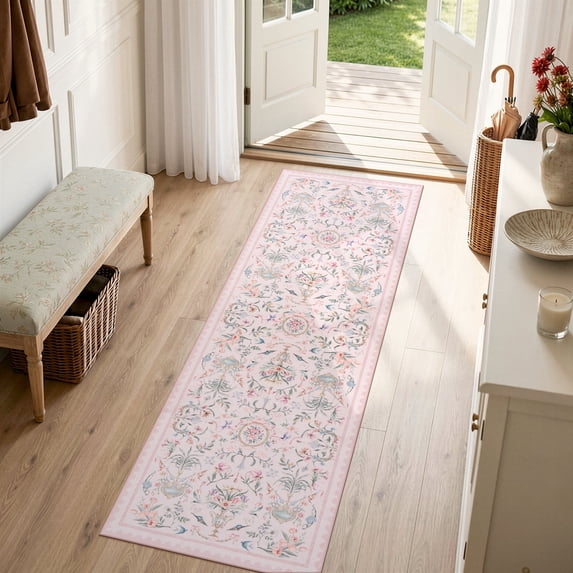 Lahome Decor 2'x6' Runner Rug, Floral Washable Rugs for Living Room, Non Slip Soft Ultra-Thin Indoor Decor Elegant Carpet Vintage Flower Rug Indoor for Bedroom Dining Room Pink