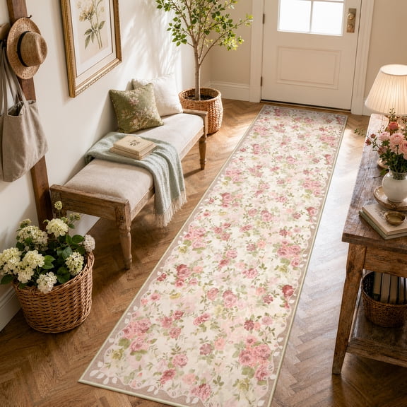 Lahome Decor 2'x8' Pink Floral Kitchen Rug,2x8ft Runner Rugs for Hallways, Non-Slip Washable Rugs Stain Resistant Boho Low-Pile Runner Rug Rubber Backing for Bathroom Bedroom,Beige