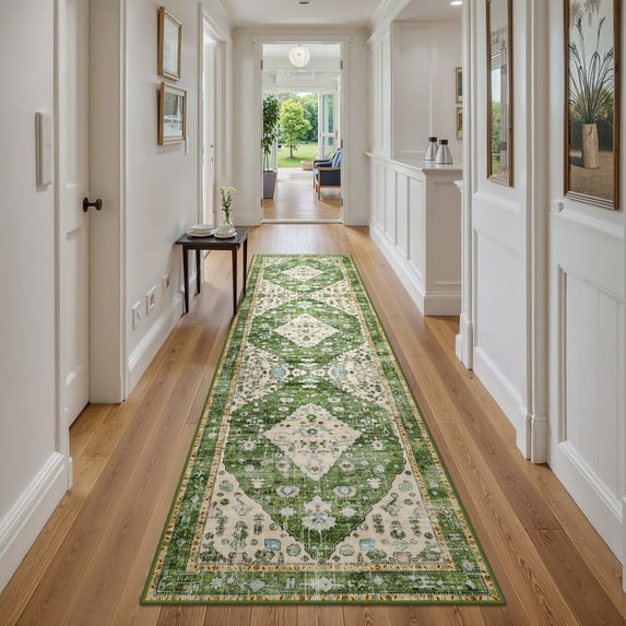 Lahome Decor 2'x8'Vintage Runner Rug for Hallway,Machine Washable Distressed Kitchen Runner Rug,Oriental Distressed Indoor Foldable Ultra-Thin Rug Retro Accent Rug,Non Slip Carpet,Green