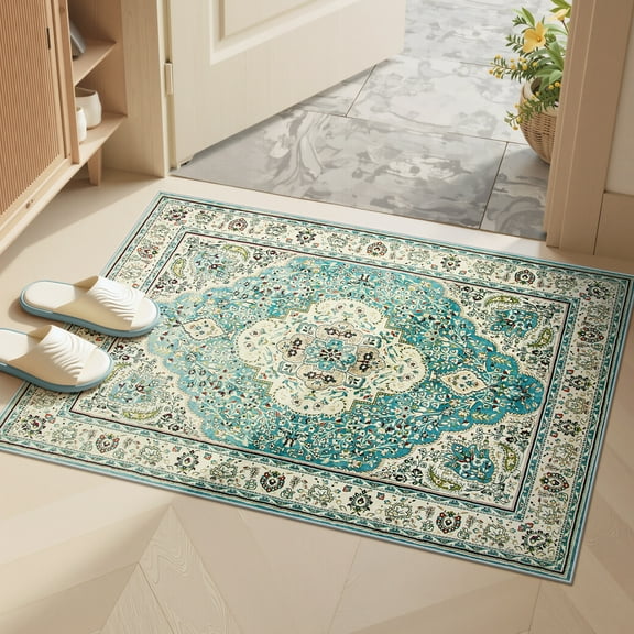 Lahome Decor 2x3 Area Rug Boho Tribal Rugs for Living Room Machine Washable Bedroom Rug, Turkish Aesthetic Soft Non-Slip Non-Shedding Faux Wool Throw Rug for Camper Entryway Office Carpet