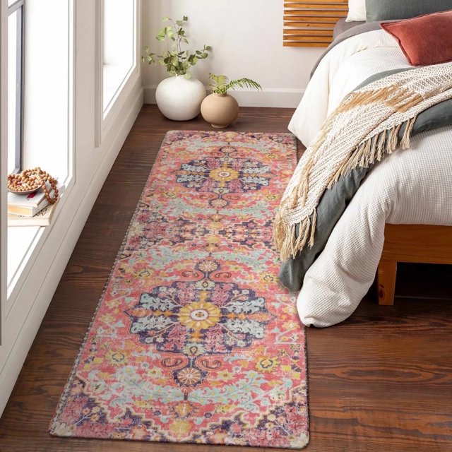 Lahome Decor 2'x6' Washable Runner Rug for Bedroom,2x6ft Non-Slip Boho Tribal Rug,Clearance! Floral Medallion Entryway Mat Vintage Indoor Accent Carpet for Entryway Kitchen Hallway Office