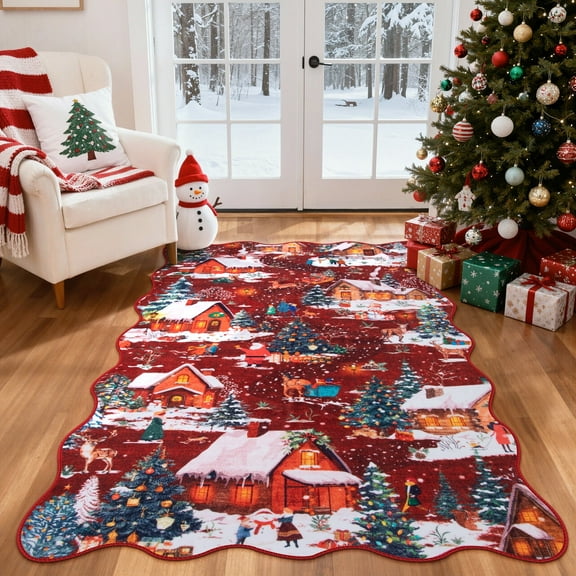 Lahome Decor 3' x 5' Christmas Area Rug,3x5ft Washable Entryway Rug For Living Room Bedroom Kitchen Entryway Holiday Decor Bathroom Non-slip Soft Carpet,Red