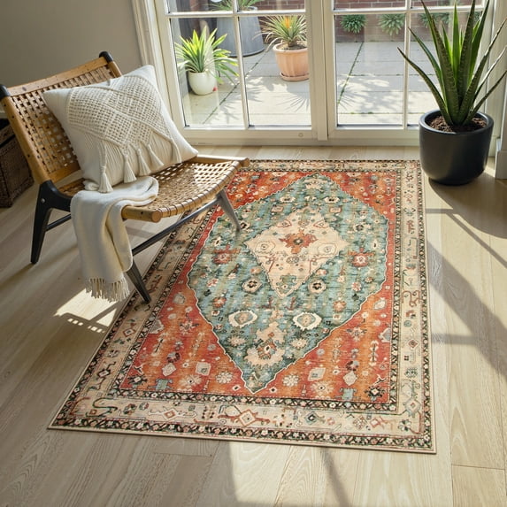 Lahome Decor 3'x5' Boho Vintage Area Rug,3x5ft Washable Living Room Rugs,Traditional Non-slip Indoor Carpet Low Pile Foldable Ultra-Thin Vintage Rug for Bedroom Dining Room Office,Red
