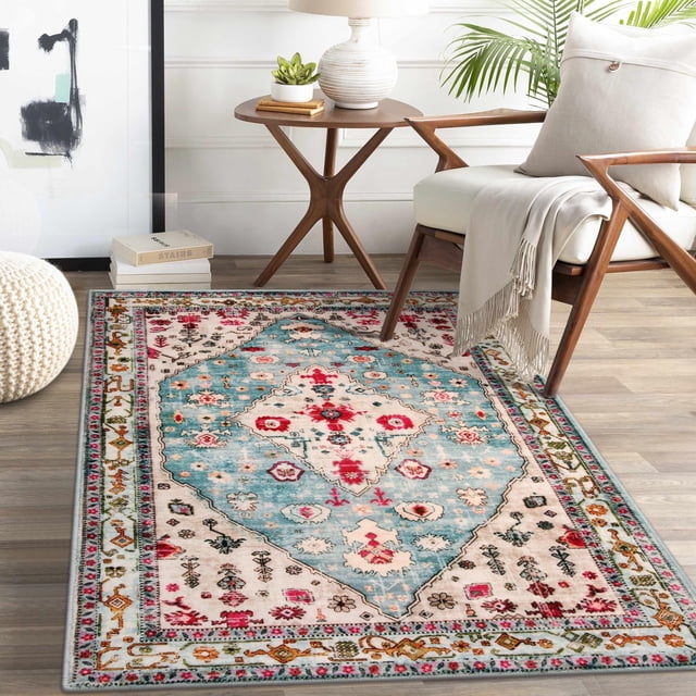 Lahome Decor 3'x5' Area Rug for Living Room Boho Rrible Washable Rug Non Slip Soft Entryway Bedroom Kitchen Rug Indoor Vintage Carpet for Kitchen Dorm Coffee Table, Aqua