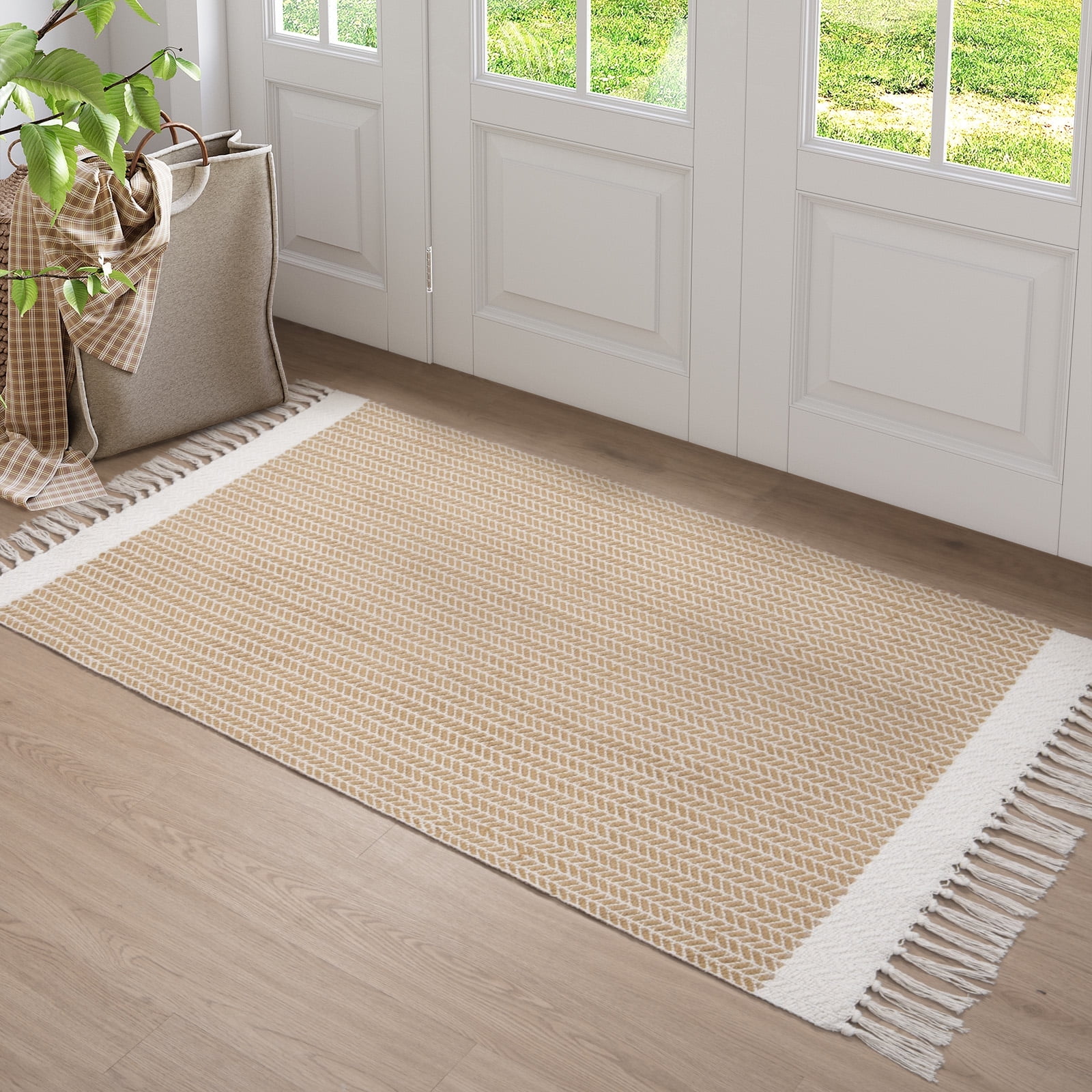 Moynesa 3'x5' Area Rug for Living Room Machine Washable Bedroom Rugs Boho Farmhouse Woven Mat with Tassels Accent Kitchen Rugs Non-Shedding Indoor Carpet for Bathroom Laundry Room, Khaki