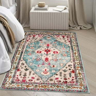 Lahome Decor 3'x5' Boho Tribal Area Rug ,3x5 ft Non Slip Machine Washable Rugs Foldable Vintage Rug Low Pile Durable Carpet for Living Room Bedroom Dining Room Office Farmhouse,Sky Blu