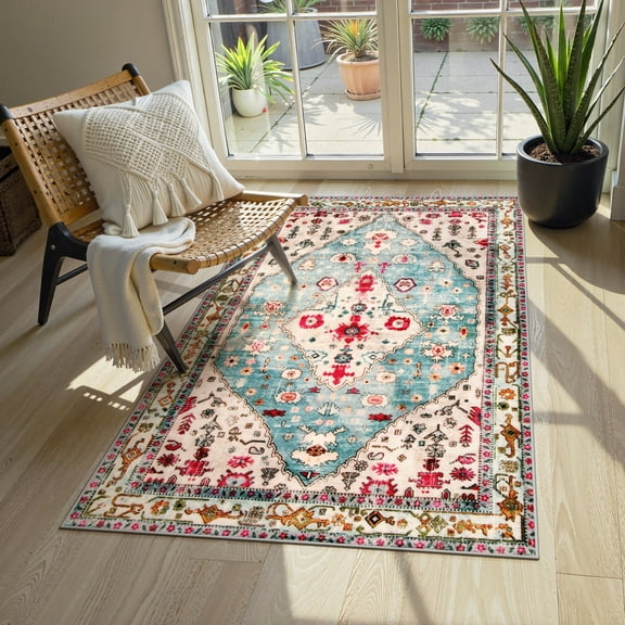 Lahome Decor 3'x5' Boho Tribal Area Rug ,3x5 ft Non Slip Machine Washable Rugs Foldable Vintage Rug Low Pile Durable Carpet for Living Room Bedroom Dining Room Office Farmhouse,Sky Blue