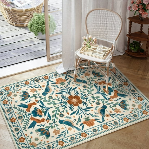 Lahome Decor 3'x5' Boho Bird Area Rugs,Floral Rug for Living Room Machine Washable,Soft Indoor Carpet,Non-Slip Low Pile for Bedroom Entrance Kitchen Office,Beige