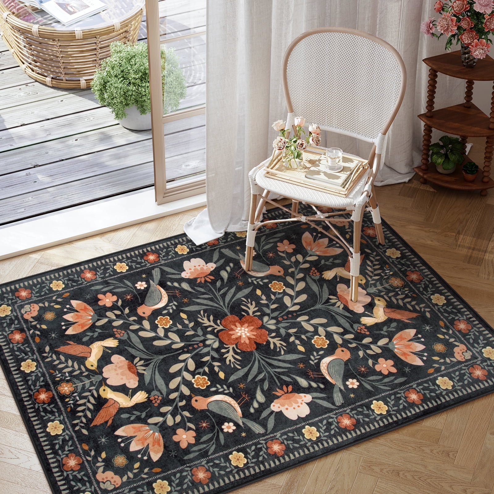 Lahome Decor 3'x5' Boho Bird Area Rugs,Floral Rug for Living Room Machine Washable,Soft Indoor Carpet,Non-Slip Low Pile for Bedroom Entrance Kitchen Office,Black