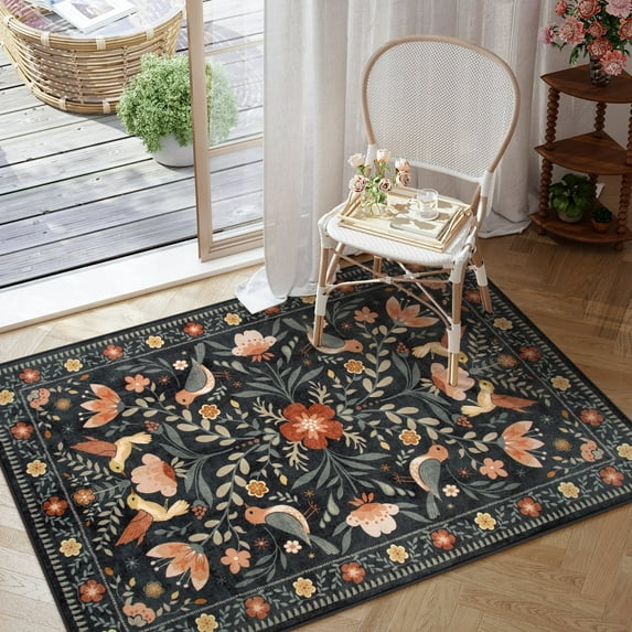Lahome Decor 3'x5' Boho Bird Area Rugs,Floral Rug for Living Room Machine Washable,Soft Indoor Carpet,Non-Slip Low Pile for Bedroom Entrance Kitchen Office,Black