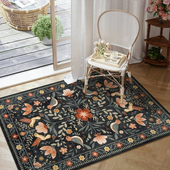 Lahome Decor 3'x5' Boho Bird Area Rugs,Floral Rug for Living Room Machine Washable,Soft Indoor Carpet,Non-Slip Low Pile for Bedroom Entrance Kitchen Office,Black