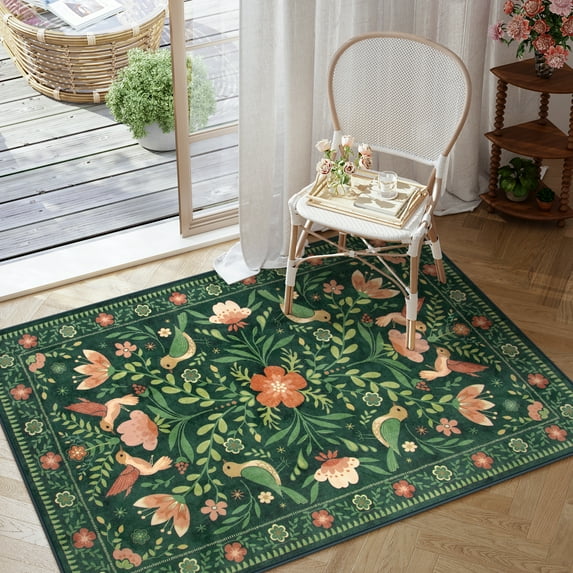 Lahome Decor 3'x5' Boho Bird Area Rugs,Floral Rug for Living Room Machine Washable,Soft Indoor Carpet,Non-Slip Low Pile for Bedroom Entrance Kitchen Office,Green