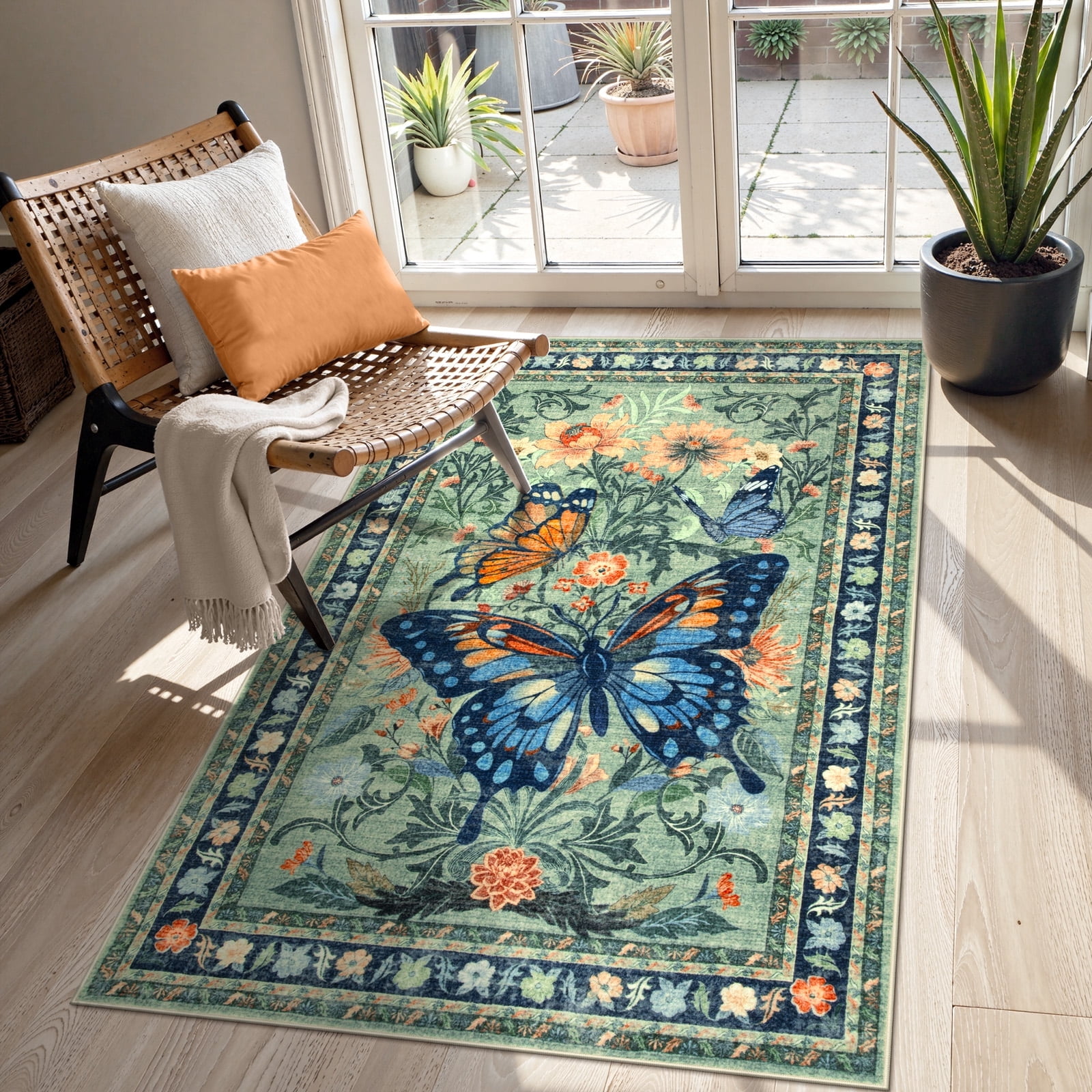 Lahome Decor 3'x5' Butterfly Bedroom Rug,Area Rugs 3x5ft Rugs for Entryway. Non-Slip Washable Rugs Stain Resistant Boho Floral Rug Low-Pile Throw Rug for ‎‎Living Room Office,Green