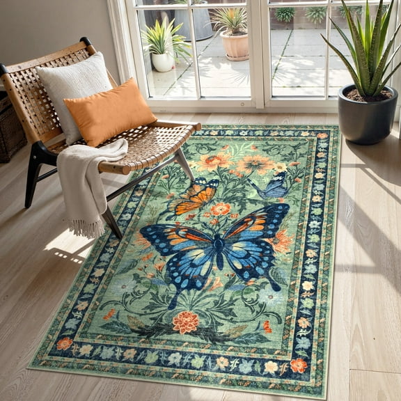 Lahome Decor 3'x5' Butterfly Bedroom Rug,Area Rugs 3x5ft Rugs for Entryway. Non-Slip Washable Rugs Stain Resistant Boho Floral Rug Low-Pile Throw Rug for ‎‎Living Room Office,Green