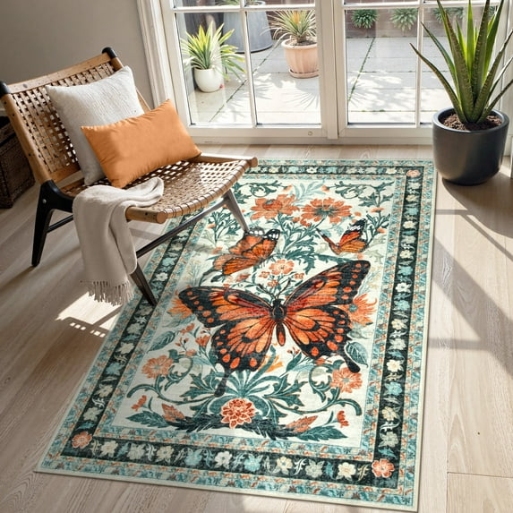 Lahome Decor 3'x5' Butterfly Bedroom Rug,Area Rugs 3x5ft Rugs for Entryway. Non-Slip Washable Rugs Stain Resistant Boho Floral Rug Low-Pile Throw Rug for Living Room Office,Beige