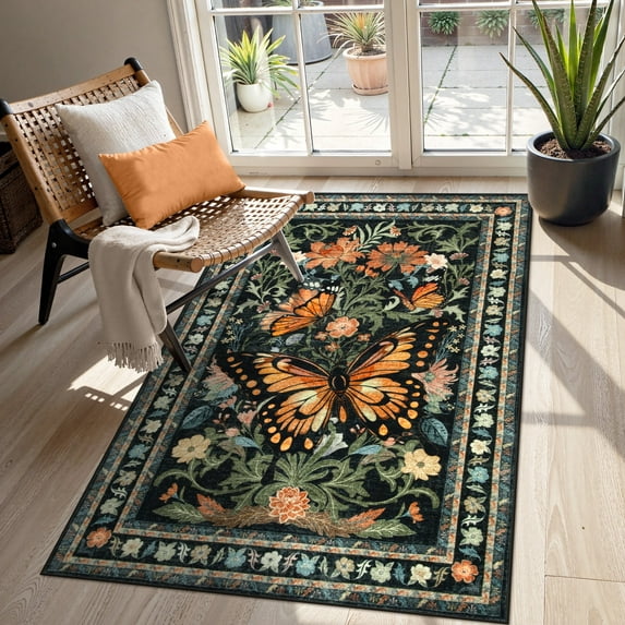 Lahome Decor 3'x5' Butterfly Bedroom Rug,Area Rugs 3x5ft Rugs for Entryway. Non-Slip Washable Rugs Stain Resistant Boho Floral Rug Low-Pile Throw Rug for Living Room Office,Black