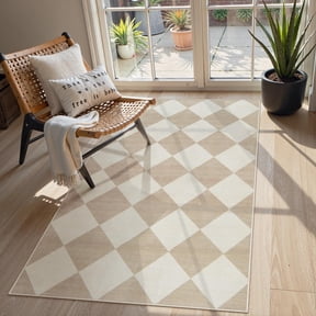 Lahome Decor 3'x5' Modern Washable Area Rugs for Living Room, 3x5ft Non-Slip Rugs for Bedroom, Farmhouse Checkered Rug, Moroccan Neutral Soft Low Pile Carpet for Office Dining Room Playroom,Beige