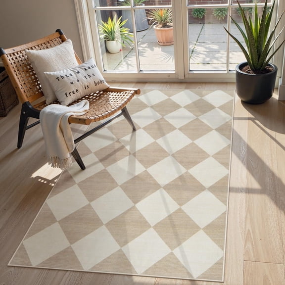 Lahome Decor 3'x5' Modern Washable Area Rugs for Living Room, 3x5ft Non-Slip Rugs for Bedroom, Farmhouse Checkered Rug, Moroccan Neutral Soft Low Pile Carpet for Office Dining Room Playroom,Beige