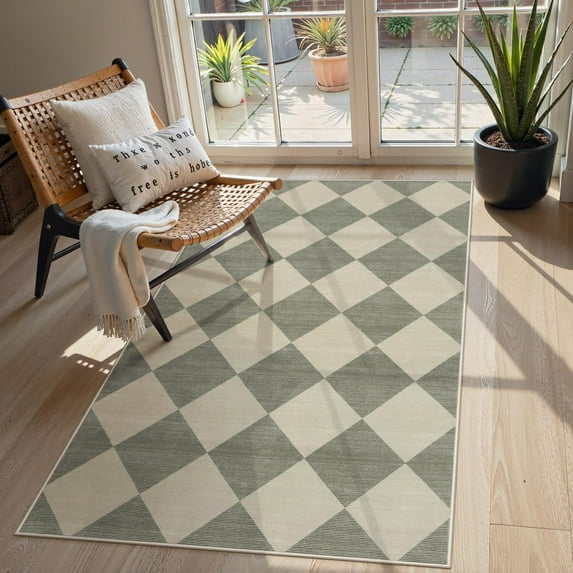 Lahome Decor 3'x5' Modern Washable Area Rugs for Living Room, 3x5ft Non-Slip Rugs for Bedroom, Farmhouse Checkered Rug, Moroccan Neutral Soft Low Pile Carpet for Office Dining Room Playroom,Green