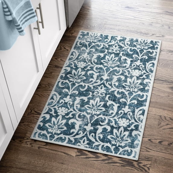 Lahome Decor 3'x5'Vintage Washable Rugs, Blue Rugs for Bedroom Non Slip,Soft Distressed Floral Bathroom Mat, Entryway Rugs Indoor Accent Floor Throw Carpet for Entrance Coffee Table RV