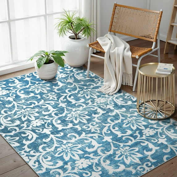 Lahome Decor 3'x5' Washable Rug for Bedroom, Vintage Area Rug for Dorm Room, Indoor Soft Distressed Floral Throw Rugs Non-Slip Backing for Entryway Farmhouse Kitchen Kids Playroom,Light Blue